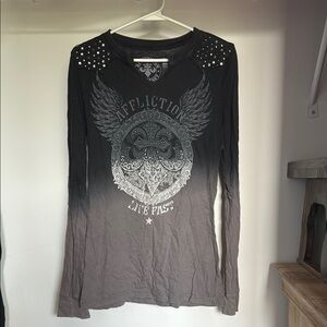 Affliction Gray Graphic Embellished Long Sleeve Tee